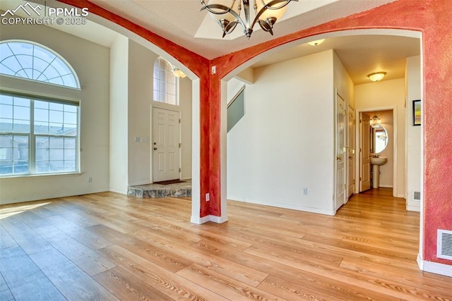 foyer featuring light wood-type flooring, a healthy amount of sunlight, and arched walkways