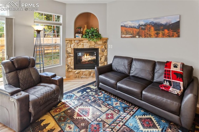 living area featuring a fireplace