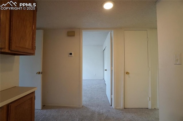 corridor featuring light carpet and a textured ceiling