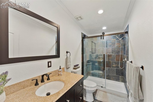 full bathroom with visible vents, toilet, ornamental molding, vanity, and a shower stall