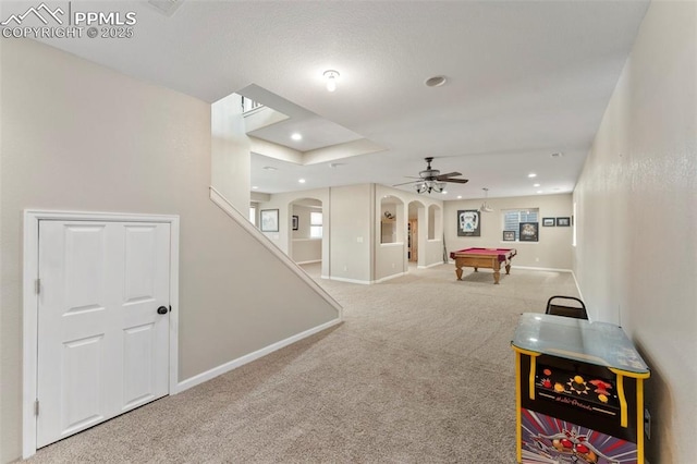 game room with baseboards, arched walkways, pool table, carpet flooring, and recessed lighting