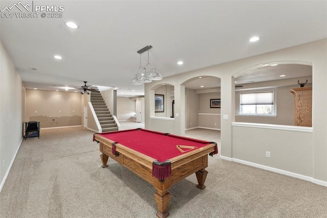 playroom with baseboards, carpet, billiards, and recessed lighting