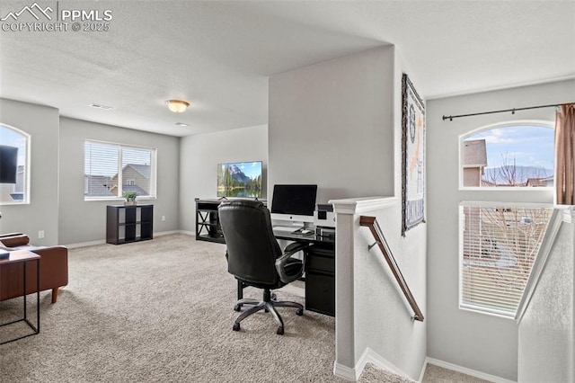 carpeted office space with visible vents, a textured ceiling, and baseboards