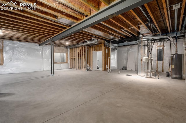 unfinished basement with electric panel and water heater