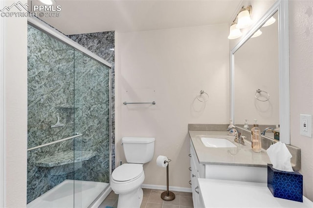 full bath featuring toilet, a stall shower, vanity, and tile patterned floors