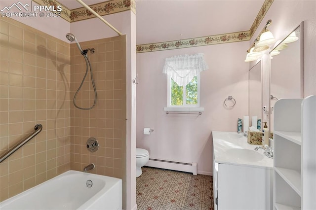 bathroom featuring bathtub / shower combination, toilet, a sink, baseboards, and baseboard heating