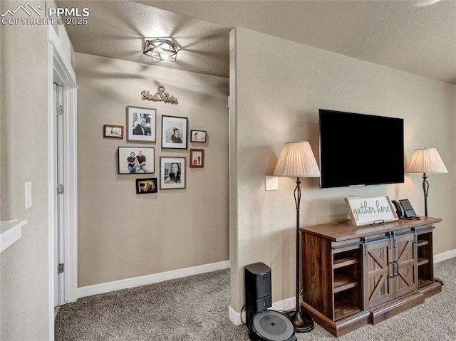 office area with carpet, a textured ceiling, and baseboards