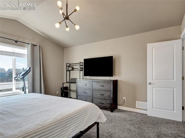 bedroom with lofted ceiling, visible vents, baseboards, carpet, and an inviting chandelier