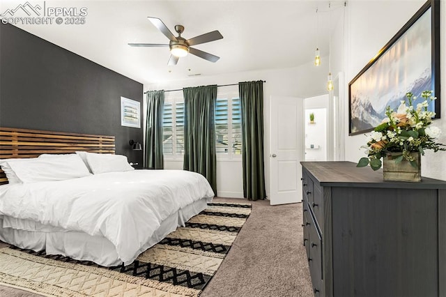 carpeted bedroom featuring ceiling fan