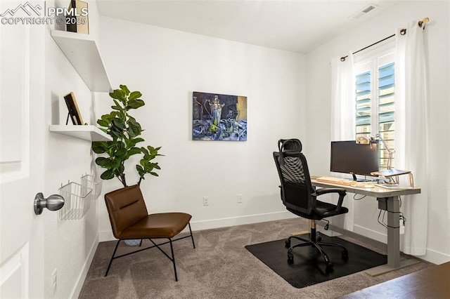 carpeted office with visible vents and baseboards