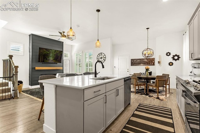 kitchen with gray cabinetry, light countertops, light wood-style floors, stainless steel appliances, and a sink