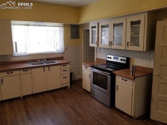 kitchen featuring electric panel, dark wood finished floors, electric stove, wood counters, and a sink