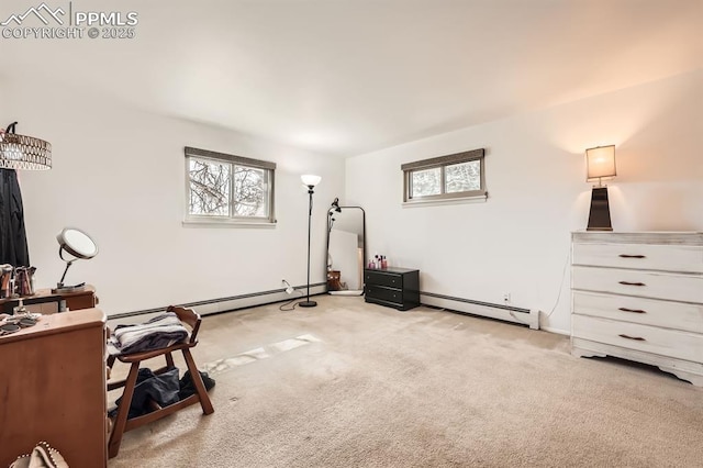 interior space featuring baseboard heating and light carpet