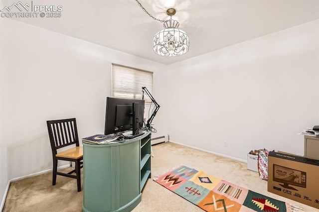 home office featuring baseboards, an inviting chandelier, and carpet floors