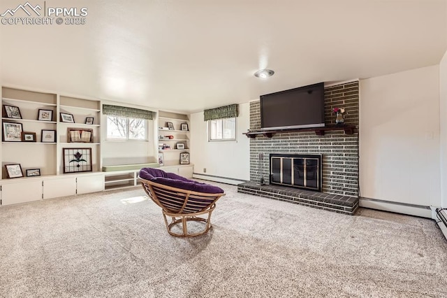 living room featuring a brick fireplace, carpet flooring, baseboard heating, and a baseboard radiator