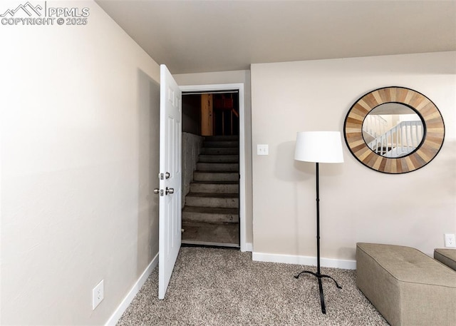 stairs with carpet flooring and baseboards