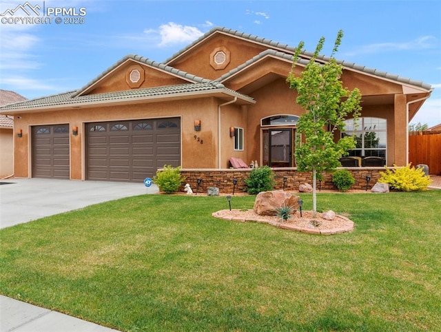 single story home with a tile roof, stucco siding, concrete driveway, a garage, and a front lawn