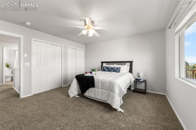 bedroom with multiple closets, carpet, baseboards, and a ceiling fan