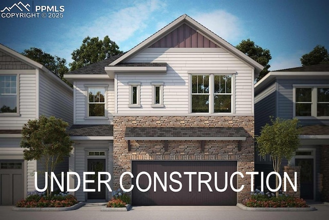 view of front of house with driveway, stone siding, board and batten siding, and an attached garage