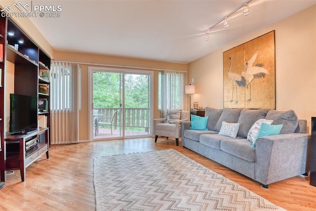 living area featuring rail lighting and wood finished floors