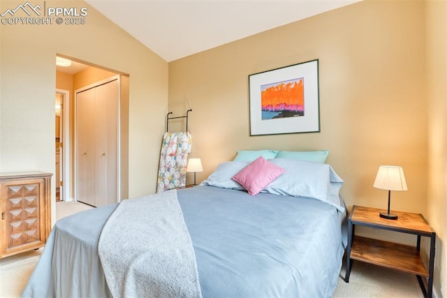 carpeted bedroom with vaulted ceiling and a closet