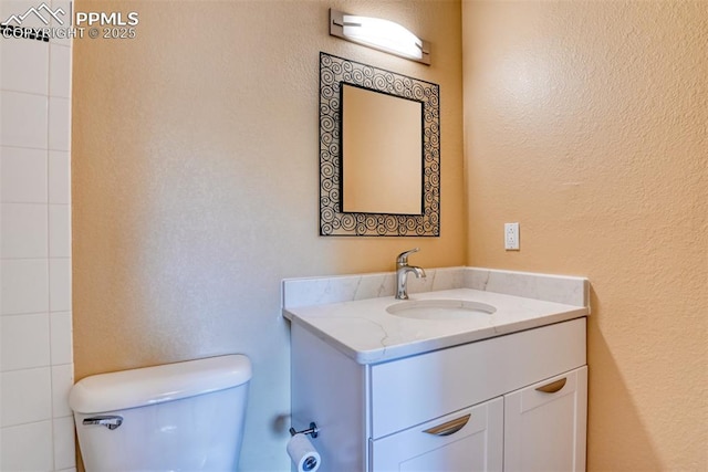 bathroom with toilet, a textured wall, and vanity