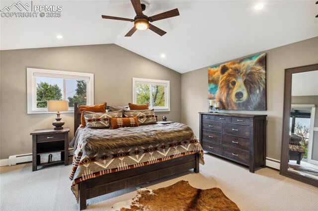 bedroom with light carpet, a baseboard heating unit, vaulted ceiling, recessed lighting, and a ceiling fan