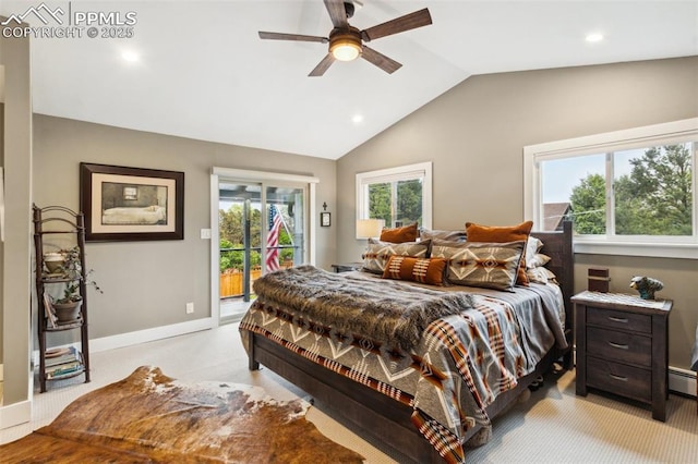bedroom with access to exterior, vaulted ceiling, recessed lighting, baseboards, and a ceiling fan