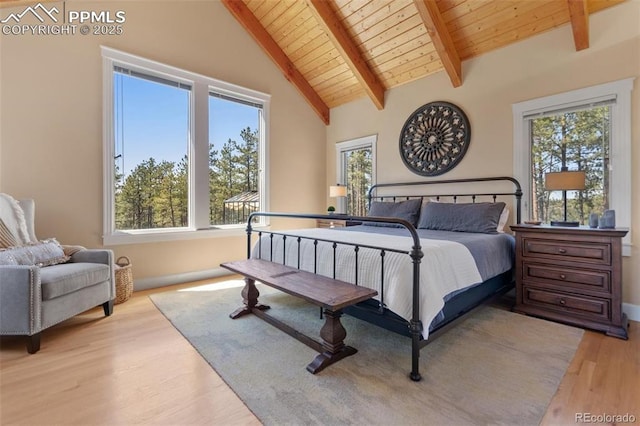 bedroom with high vaulted ceiling, light wood finished floors, beamed ceiling, and wood ceiling