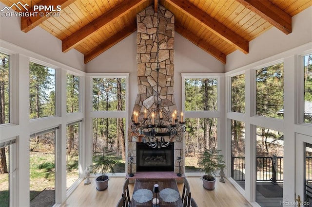 sunroom / solarium with vaulted ceiling with beams, wooden ceiling, and a fireplace