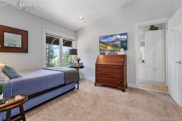 carpeted bedroom with lofted ceiling, baseboards, and recessed lighting