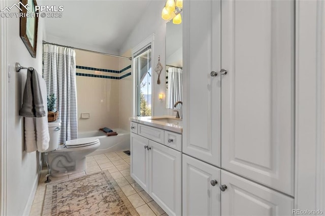 bathroom with shower / bath combo, vanity, toilet, and tile patterned floors