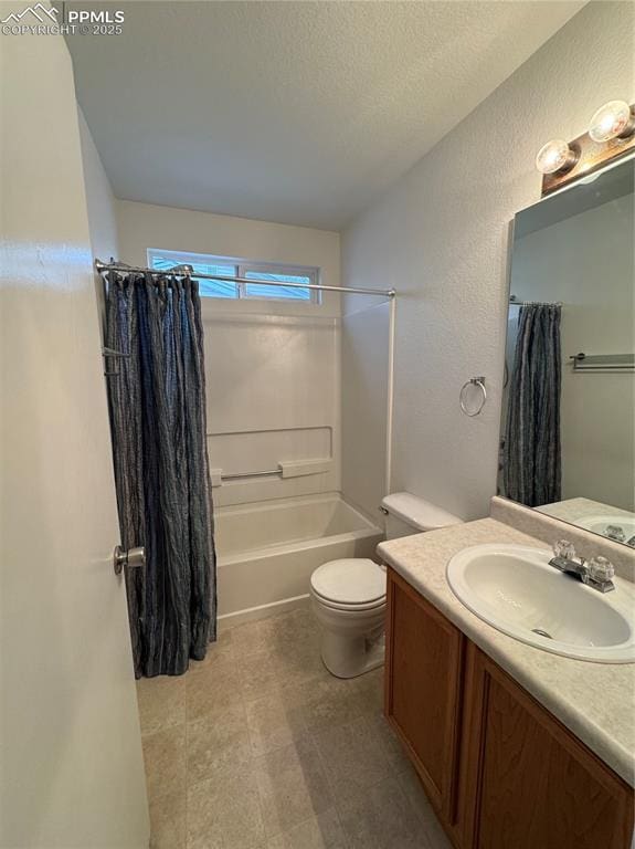 full bath with a textured ceiling, toilet, shower / bath combination with curtain, and vanity