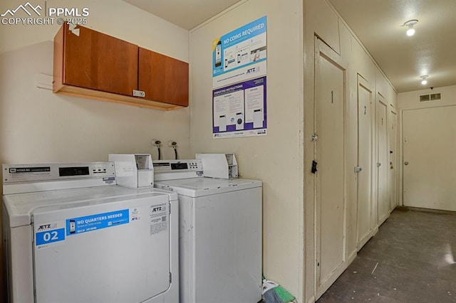 1073 Westmoreland Rd, Colorado Springs, CO 80907 - washroom featuring visible vents, washing machine and clothes dryer, and cabinet space