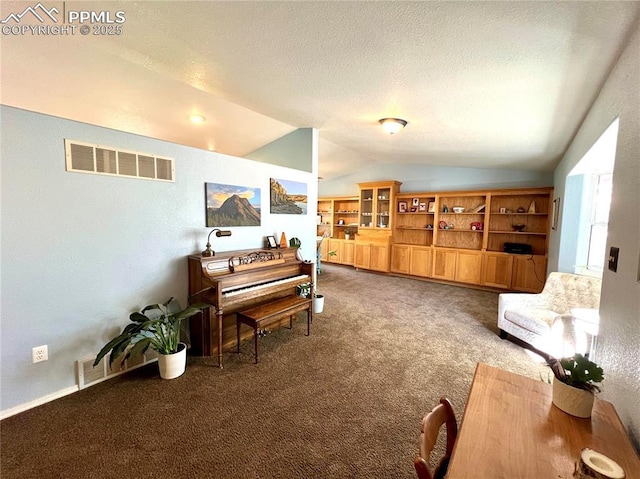 sitting room with vaulted ceiling, carpet floors, a textured ceiling, and visible vents