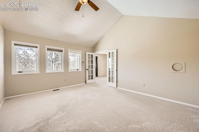 carpeted spare room with vaulted ceiling, a textured ceiling, plenty of natural light, and baseboards