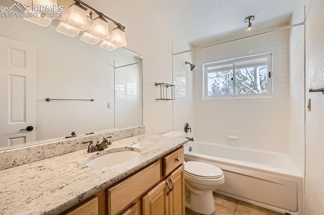 full bath featuring  shower combination, tile patterned flooring, vanity, and toilet