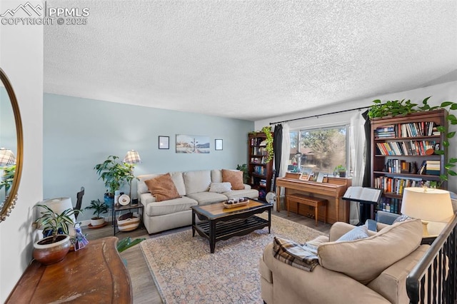 living room featuring a textured ceiling and wood finished floors