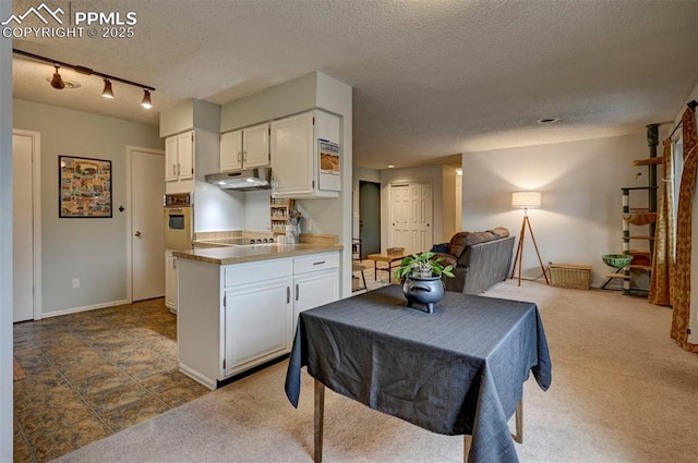 kitchen featuring dark colored carpet, stainless steel counters, white cabinetry, stainless steel oven, and under cabinet range hood