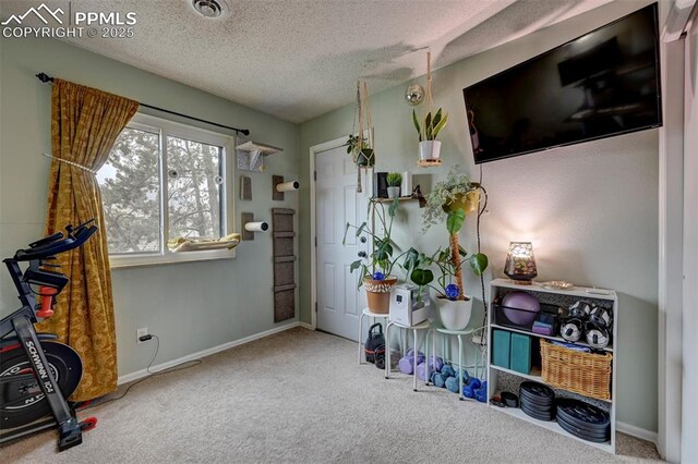 interior space featuring carpet, visible vents, a textured ceiling, and baseboards