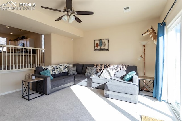 living area with recessed lighting, visible vents, carpet flooring, ceiling fan, and baseboards