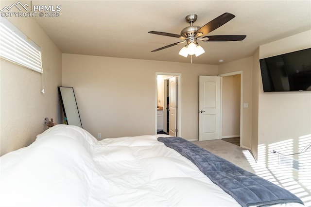 bedroom featuring carpet flooring, ceiling fan, and baseboards