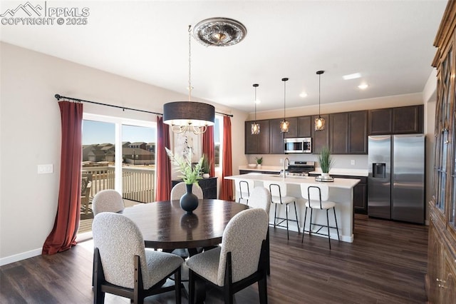 dining space featuring recessed lighting, dark wood finished floors, and baseboards