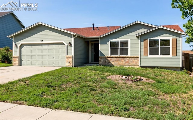 ranch-style home featuring a front yard, brick siding, driveway, and an attached garage