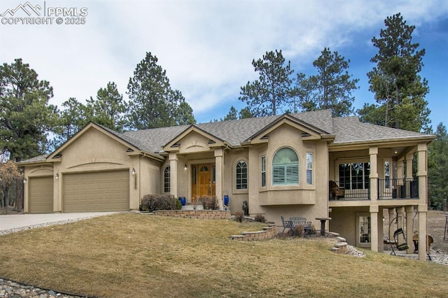 single story home with a front lawn, an attached garage, and stucco siding