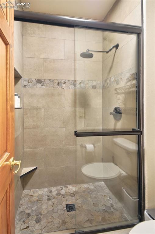 bathroom with toilet and a shower stall