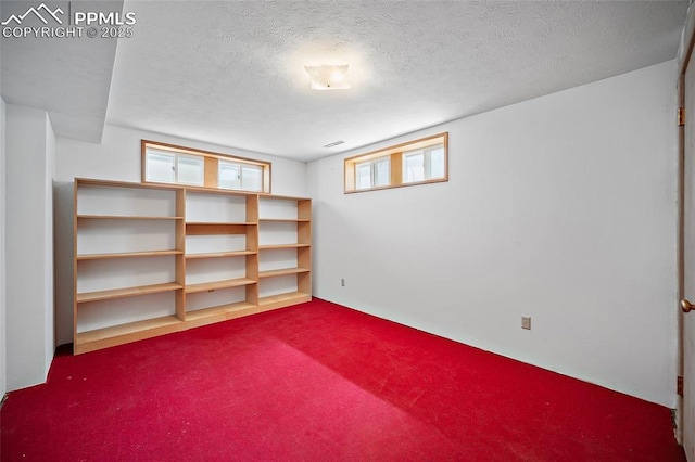 below grade area featuring a textured ceiling and dark carpet