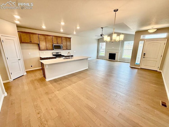 9455 Jollity Pt, Colorado Springs, CO 80924 - kitchen with a sink, appliances with stainless steel finishes, open floor plan, light wood-type flooring, and lofted ceiling