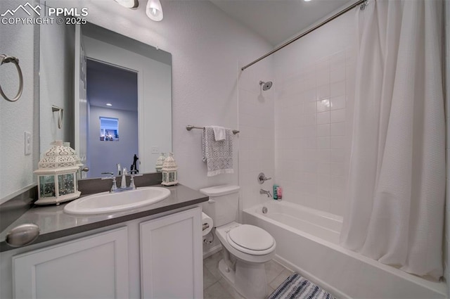 bathroom with shower / tub combo with curtain, vanity, toilet, and tile patterned floors