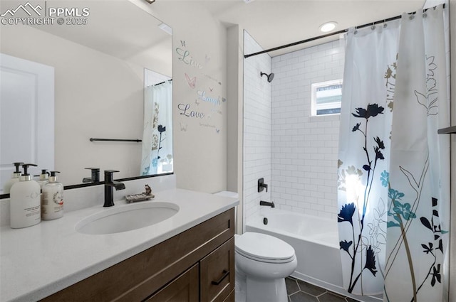 bathroom with vanity, tile patterned floors, toilet, and shower / tub combo with curtain